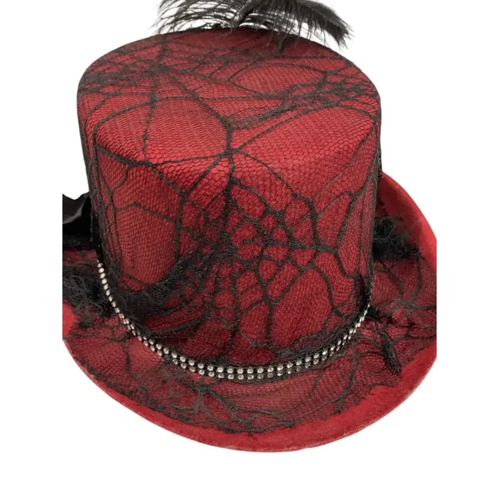Victorian Style Top Hat Womens Red Spiderweb Veil Feather